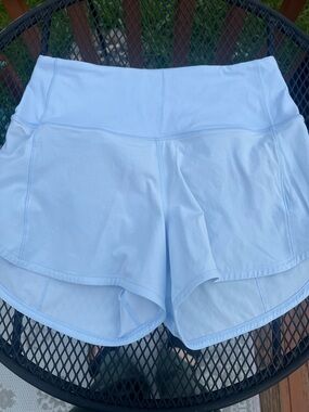 Lululemon Speed Up High-Rise Lined Powder Blue Shorts Zippered Back Pocket